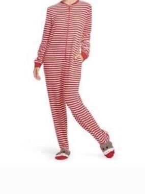 Nick & Nora Striped One Piece Footed Pajamas Adult XXL Sock Monkey Christmas PJs